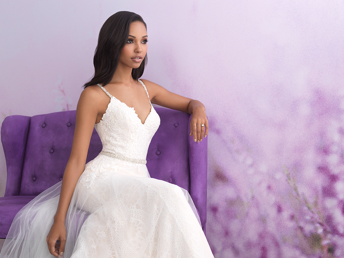 Brudklänning, brudkjole, Brudklänning i spets, Brudklänning i Mikado, Allure Bridal, Allure Romans