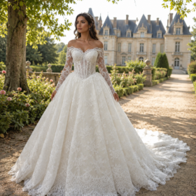Hyr exklusiva brudklänningar i Malmö. Prinsess & mermaid från Giafora Couture med avtagbart släp. Boka provning enkelt online hos Jolie Bridal.
